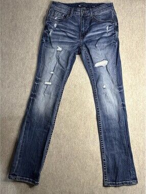 BKE JAKE Jeans Mens 31x32 Straight Stretch Distressed Whiskered Dark Wash